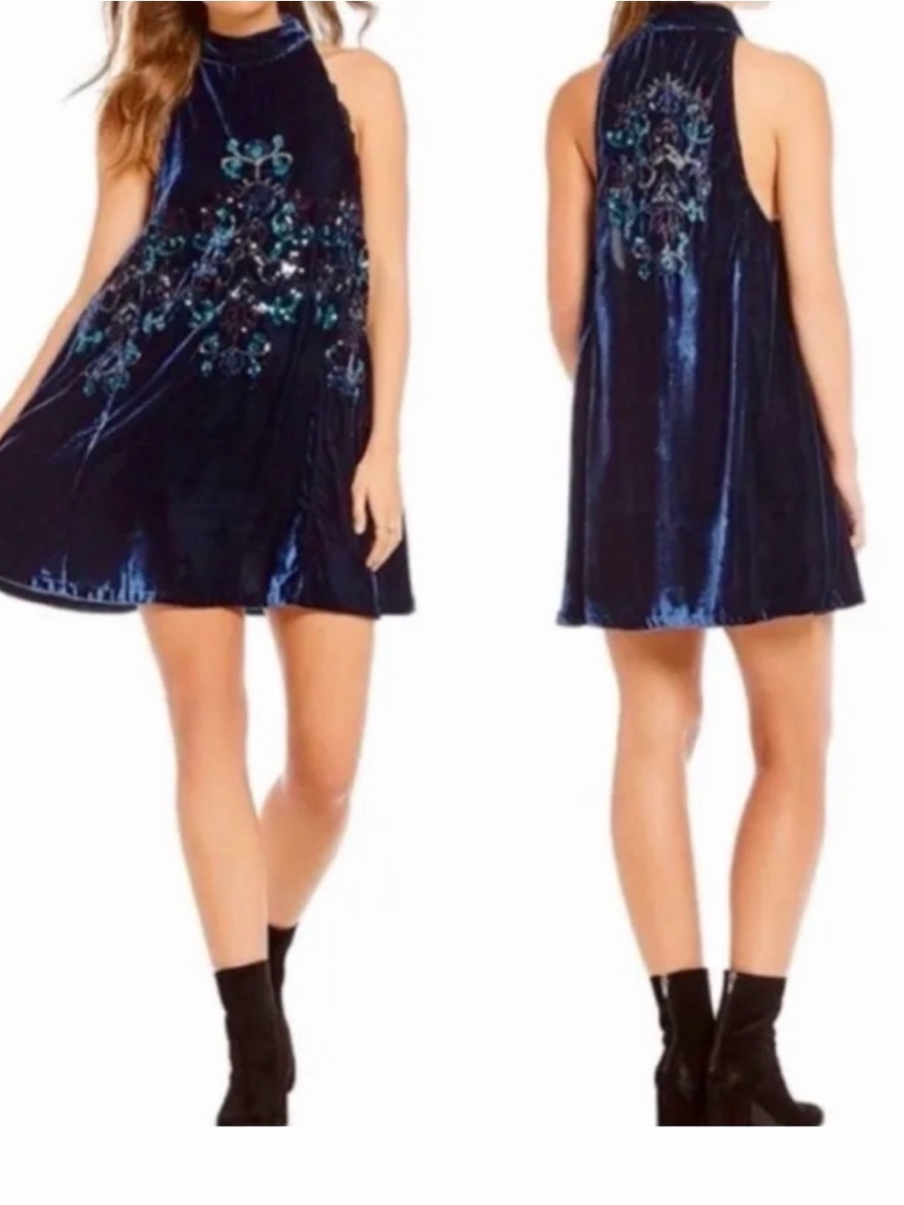 Free People Jill Blue Velvet Sequin Swing Dress Halter Size Large